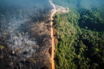 Aerial Split Image Depicting The Deforestation Environmental Problem Through Logging In The Rainforest