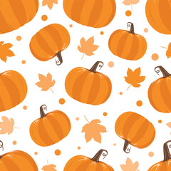 Flat style pumpkins and leaves seamless pattern design minimal style pumpkins texture with autumn leaves repeatable and printable pumpkin texture. Halloween and Holiday and Pumpkin Concept Design.