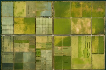 Aerial Top View Of Agriculture Field . Сoncept Crop Rotation, Irrigation Methods, Sustainable Farming Practices, Soil Health