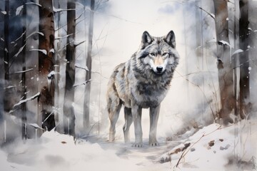 drawn wolf in the forest in winter