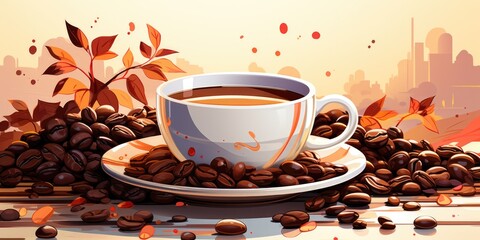 A cup of coffee on a saucer surrounded by coffee beans. Imaginary illustration.