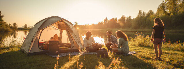 Group of friends with a tent vacationing in nature - obrazy, fototapety, plakaty