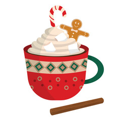 Merry Christmas ornamental cute mug with hot cocoa or coffee, sweet cream, gingerbread cookies, candy cane, cinnamon sticks. Decorative holiday coffee cups with ornaments. Red and green holiday mug.