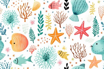 Seamless pattern of sea plants and fish, bright and rich color.