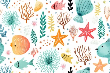 Papier Peint photo Vie marine Seamless pattern of sea plants and fish, bright and rich color.