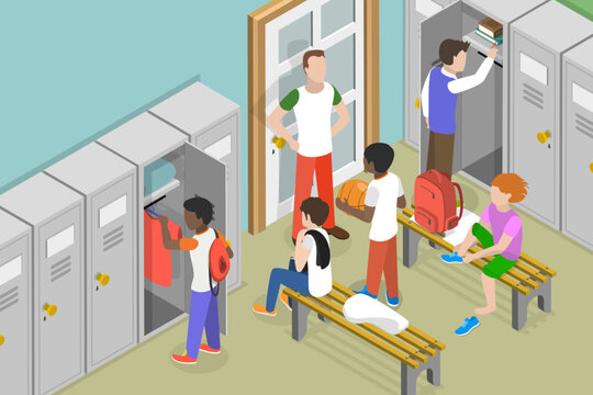 3D Isometric Flat Vector Conceptual Illustration of Locker Room in Gym, Player Sitting on Bench