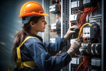 Dedicated Electrician: Female Technician Inspecting Electrical Panel. generative ai