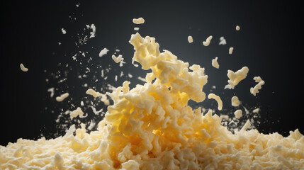 Grated cheese flying on black background