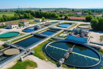 Naklejka premium Aerial View Of Wastewater Treatment Plant, Emphasizing The Filtration Of Dirty Or Sewage Water