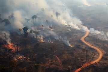 Aerial View Of Tropical Rainforest Deforestation Due To Illegal Fire Clearing And Burning, Illustrating Environmental Ecological Problem