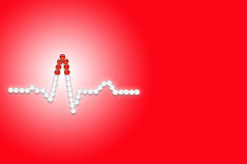 Heart attack ECG wave form made of glowing medical pills against a red and white background. PQRST sinus rhythm shape formed from white tablets. Clinical image editorial medical heart related picture. - obrazy, fototapety, plakaty
