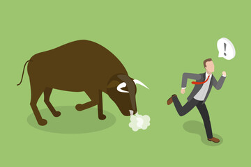 3D Isometric Flat Vector Conceptual Illustration of Away From Problems And Troubles, Escape from a Bull
