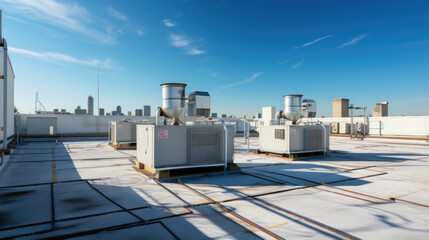 Air conditioning (HVAC) installed on the roof of industrial buildings. - obrazy, fototapety, plakaty