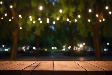 empty brown wooden floor or wood board table with blurred abstract night light bokeh background,...