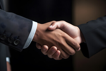 Partnership. business people hand shaking after business signing contract document on dark background, job interview, investor, negotiation, partner and teamwork concept, Generative AI