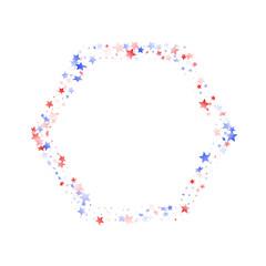 Fototapeta premium Flying red blue white star sparkles on white vector american patriotic background.