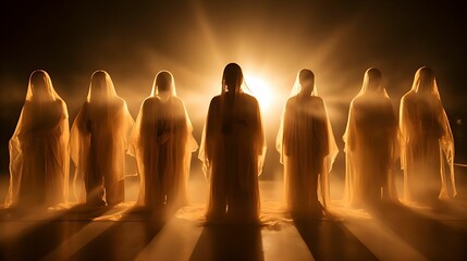 Individuals adorned in white robes, bathed in a divine golden light. The radiant god rays envelop them, symbolizing their ascension and the welcoming embrace of heaven. - obrazy, fototapety, plakaty