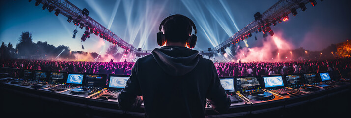 Back view of a Dj standing in front of a big crowd at a music festival