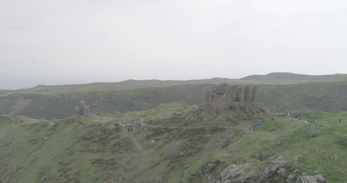 Drone footage of the historical Amberd Fortress and Vahramashen Church in Aragatsotn, Armenia