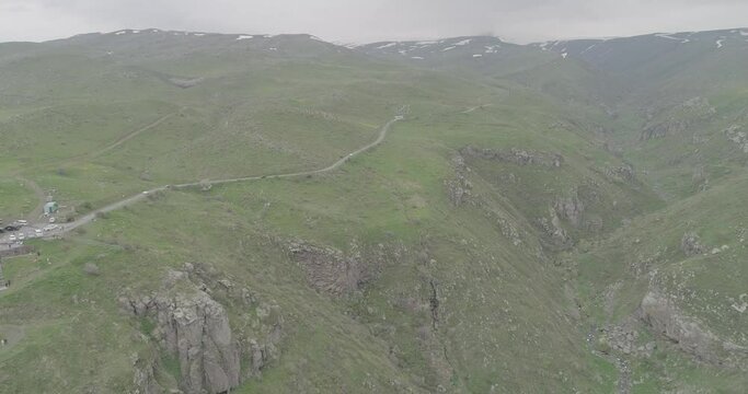 Drone footage over the mountain road of Amberd on Mount Aragats in Aragatsotn Province, Armenia