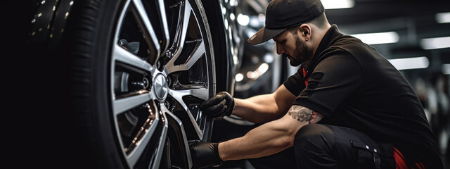 Car mechanic working in garage and changing wheel alloy tire. Repair or maintenance auto service. - obrazy, fototapety, plakaty