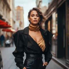 Fototapeta premium photo of a beautiful woman in stylish clothes against the backdrop of a big city. Fashion and style concept