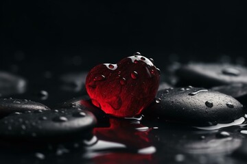 Ruby heart on black pebbles in water, panoramic background for wellness web design. Generative AI
