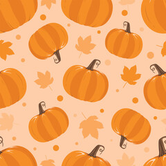 Flat style pumpkins and leaves seamless pattern design minimal style pumpkins texture with autumn leaves repeatable and printable pumpkin texture. Halloween and Holiday and Pumpkin Concept Design.