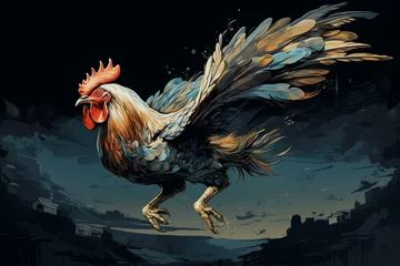 Poster a calm rooster leaps horizontally. Generative AI © Kaida