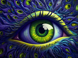  blue and yellow eye of an optical illusion in the styl close up of a close up of a person's eye, psychedelic art, intricate artwork. neon eyes, psychedelic visuals, psychedelic effects
