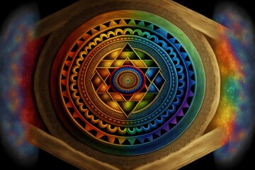 sri yantra sacred geometry high detail colorful rainbow colors psychedelic pattern background spiral symmetrical ultra realistic hyper realism 