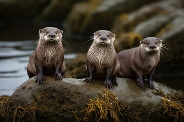 Three otters on a rock, gazing at the camera. Generative AI