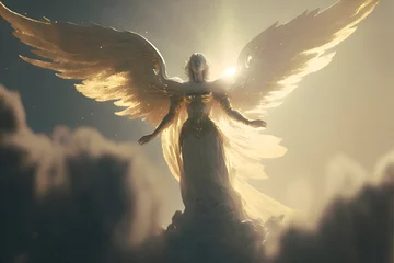 Foto op Canvas A female God floating atop a village her wings out stretched white with hints of gold above her the clouds part and beams of light shine down the scene is sereal like a dream 8k render cinematic  © Gabriel