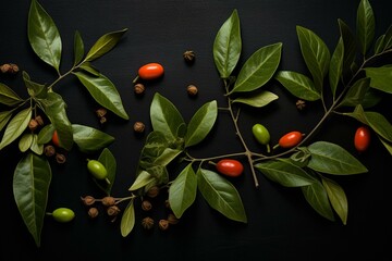Dark background with ashwagandha leaves and fruits, seen from above. Plant: Withania somnifera. Generative AI