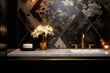 Geometric Marble Mosaic Inlay Adorns The Walls With Metallic Foil Accents, Serving As Modern Wallpaper
