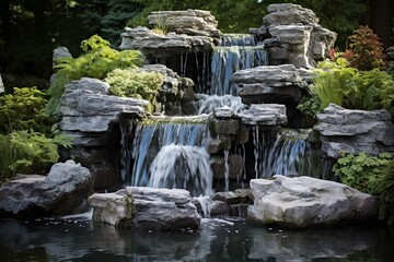 Fototapeta na wymiar Experience the stunning allure of a rocky waterfall garden in a captivating composition. Generative AI