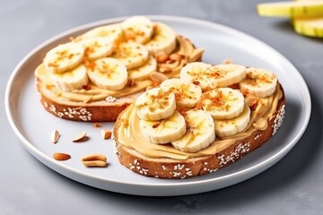 Obraz na płótnie Canvas Peanut Butter Toasts With Banana And Apple On Gray Background In Flat Lay Composition