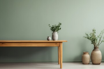 Sage Green Wall Provides Textured Backdrop In Minimalistic Room With Wooden Table