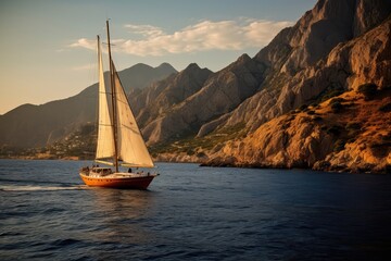 Sailboat In The Sea During Evening Sunlight, Framed By Stunning Mountains, Representing Luxury Summer Adventure In The Mediterranean