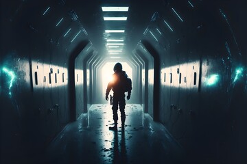 a terrified engineer standing in a claustrophobic corridor holding flashlight scifi futuristic  - obrazy, fototapety, plakaty
