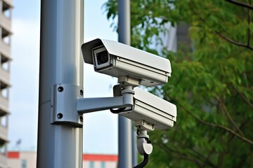 Surveillance Cameras Are Discreetly Mounted On Modern Urban Structure, Enhancing City Security