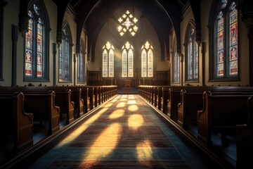 Stained Glass Church Windows Cast Ethereal Light Onto The Dark Interior, Illuminating The Walls And Floor
