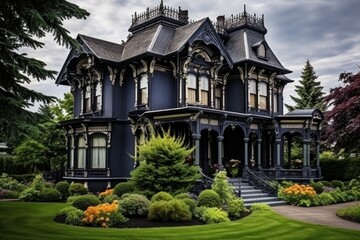 Fototapeta na wymiar Grandiose Beautiful victorian cute mansion. Sky cottage. Generate Ai
