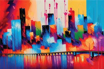 Vibrant Artwork: Acrylic Paint in a Multicolored Painting. Cityscape with abstract oil painting. A city view in oil painting. Illustration. city view. - obrazy, fototapety, plakaty