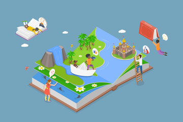 3D Isometric Flat Vector Conceptual Illustration of Children Literature, Fantasy, Adventures and Imagination