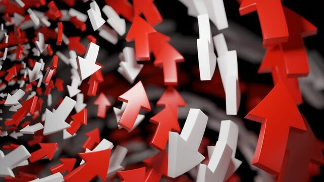 Abstract flying arrows animation. Deign. 3D colorful arrows creating effect of swirl.