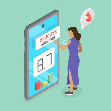 3D Isometric Flat Vector Conceptual Illustration of Glucose Sensor Conveniently Monitor , Measurement of Blood Glucose Level
