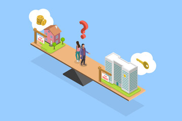 3D Isometric Flat Vector Conceptual Illustration of Buying Vs Renting Property, Advantages and Disadvantages