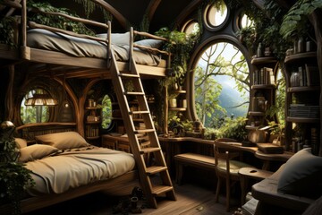 Obraz premium treehouse bedroom with a wooden bunk bed, rope ladder, and leafy canopy