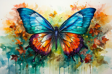Colorful butterfly drawn with watercolor isolated on background